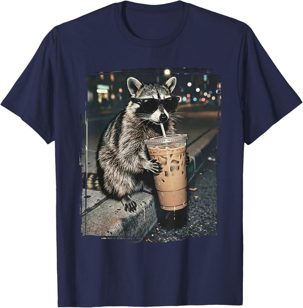 Waschbär trinkt Eiskaffee Lustiges Tier-Meme T-Shirt Unisex Sommer Baumwollkleidung Mode Rundhals Kurzarm T-Shirt