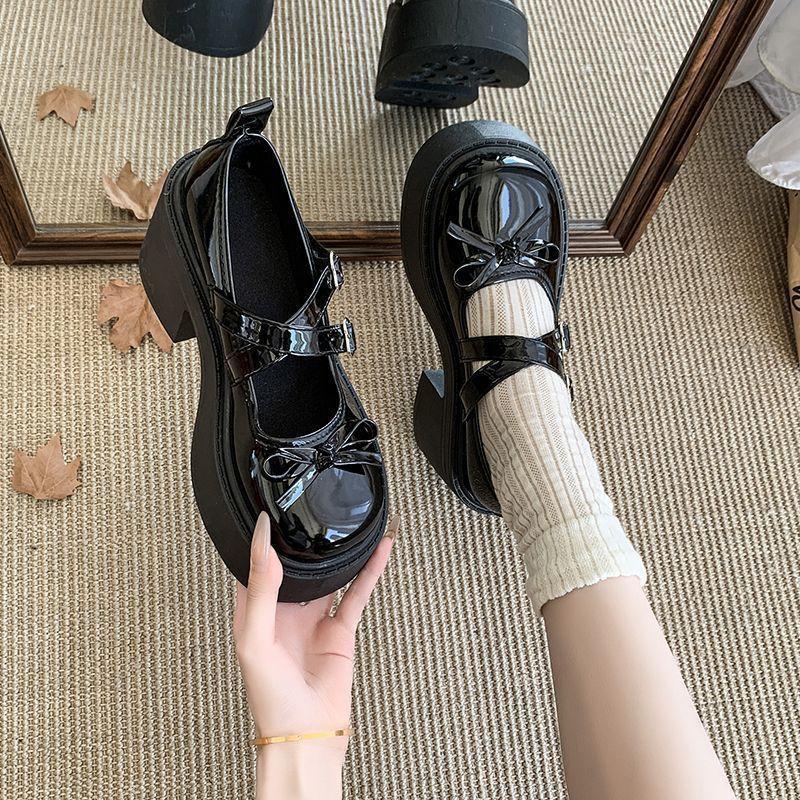 Bow Thick High-heeled Small Leather Shoes Women's 2025 Autumn New Japanese Heightening French Versatile Mary Jane Single Shoes