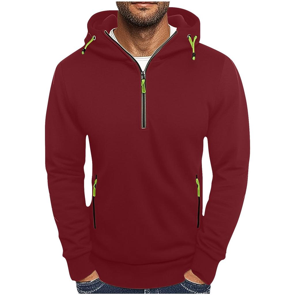 Men's Hooded Sweatshirt Casual Pullover Solid Color Half Zipper Simple Hooded Hoodie Man