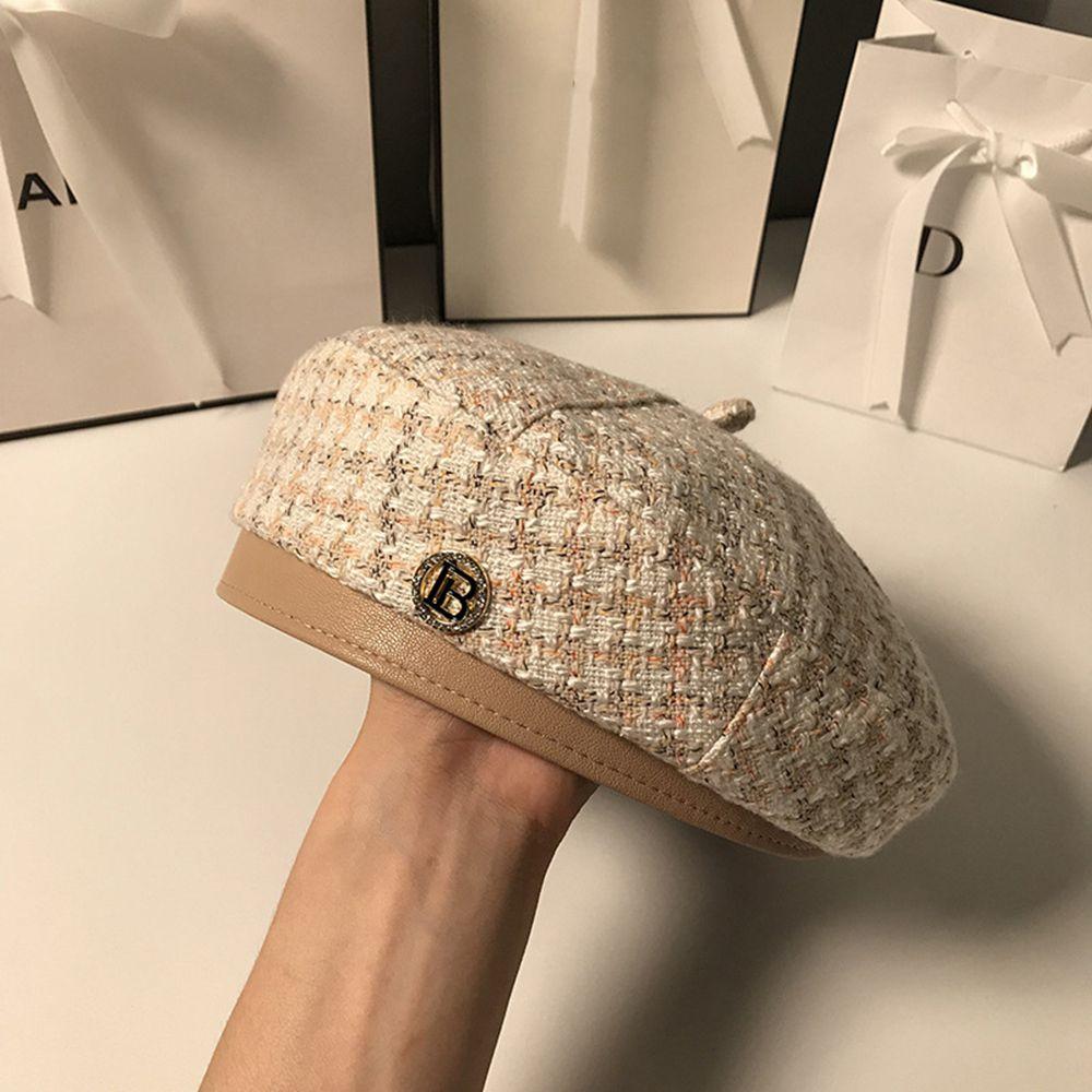 

Британский стиль Все-сочетающийся Осенний Плед Зимний Гусиная лапка Женские Береты Шляпа Художника Корейский Стиль Шляпа B