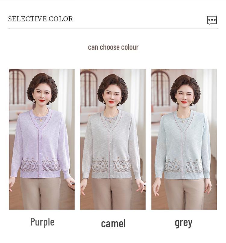 Spring 2026 Elegant Chinese-Style Knitted Two-Piece Cardigan Set for Middle-Aged & Elderly Women