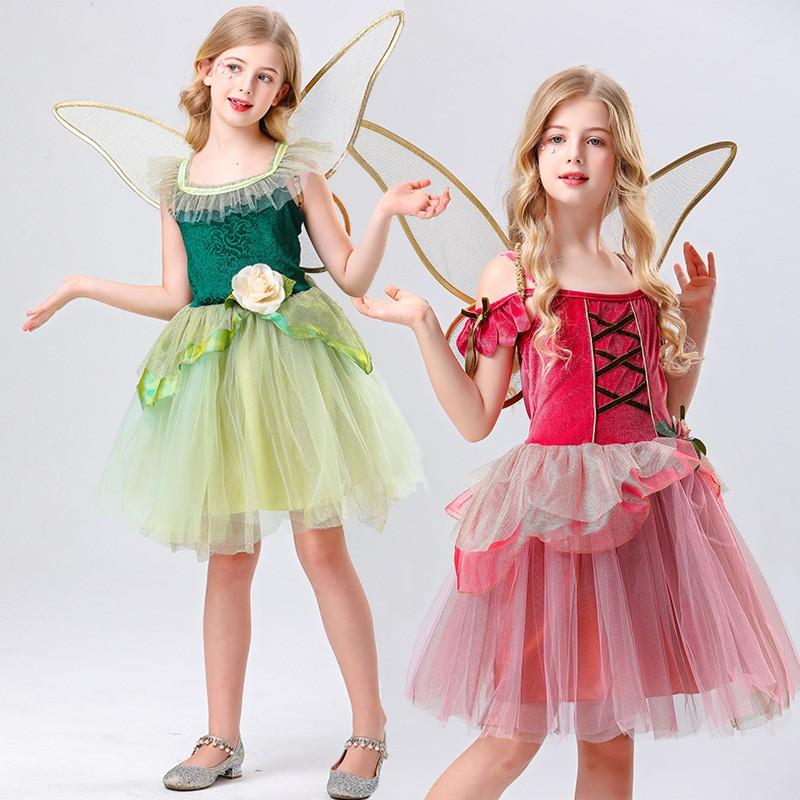 Womens Halloween Costume Set Green Red Fairy Elf Princess Angel Wings Dress Cosplay Outfit Teen Girls