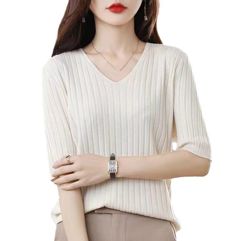 Knitted Short Sleeve Women V-Neck T Shirts Slim Fit Tops Ladies Spring Summer Camiseta Casual Pullovers Shirts