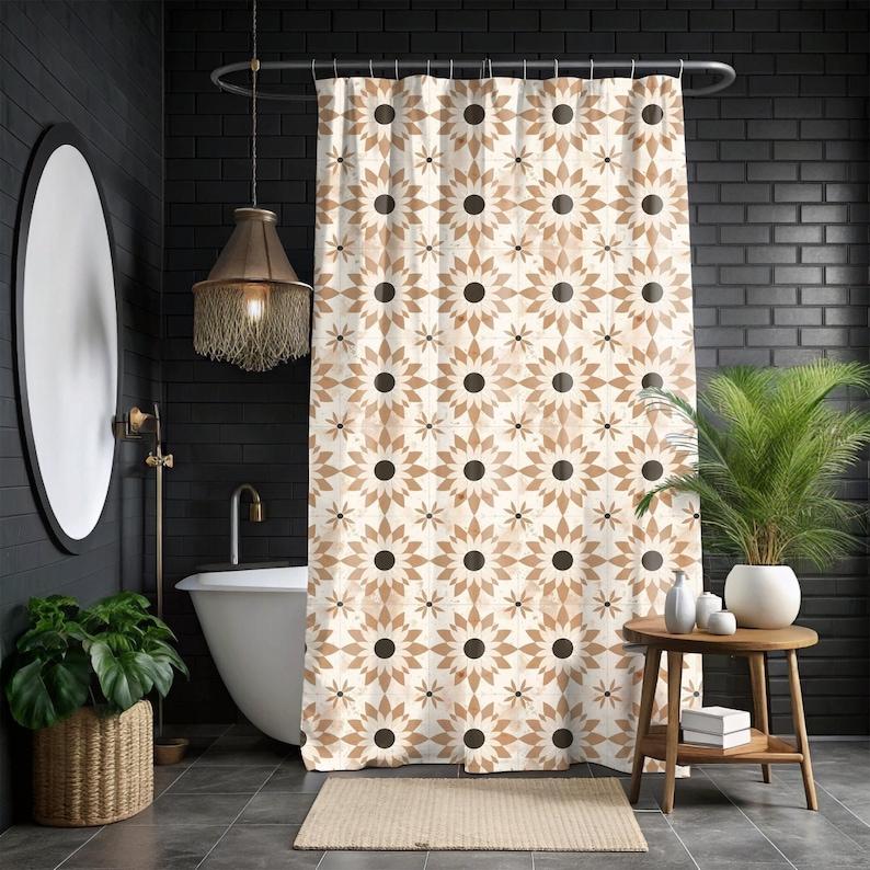 Neutral Beige Boho Shower Curtain, Mid-Century Modern,  Neutral Shower Curtain, Minimalist Bathroom Decor W90xH180cm