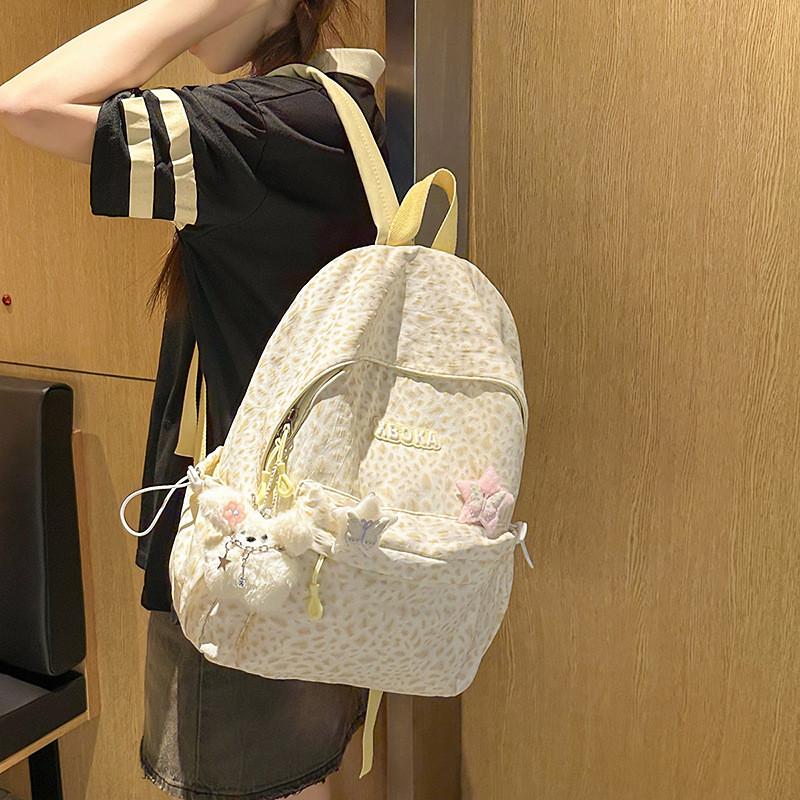 Fashion Pattern Leopard Student Backpack With Plush Pendant For Daily Use