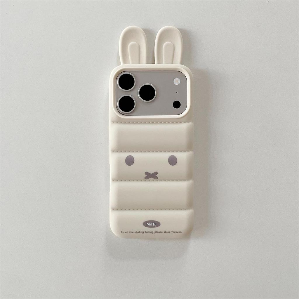 Down Feather 3D Ears Rabbit iPhone 15/16/17 Pro Max Anti-Drop Case
