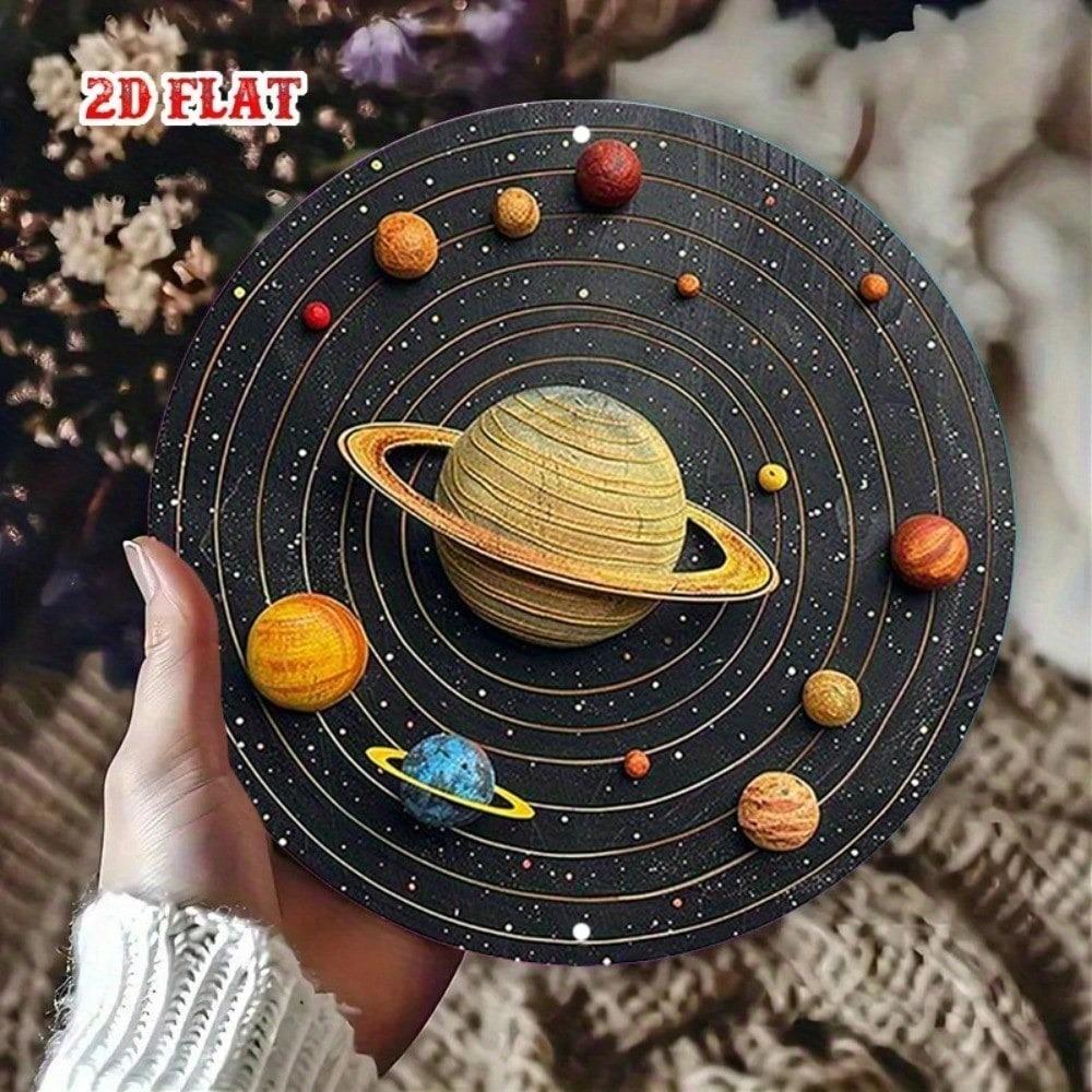 Cosmic Art Metal Round Wall Sign Solar System Planets Orbits 2D Flat Tin Decor 12 Inch
