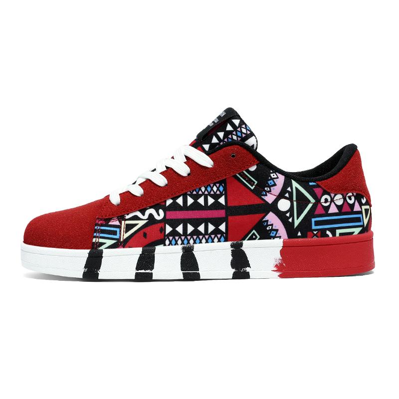 Fashion Men's Sports Running Shoes Canvas Geometric Style Lace-Up Sneakers Couples' Fashionable Graffiti Print Skate Shoes Men