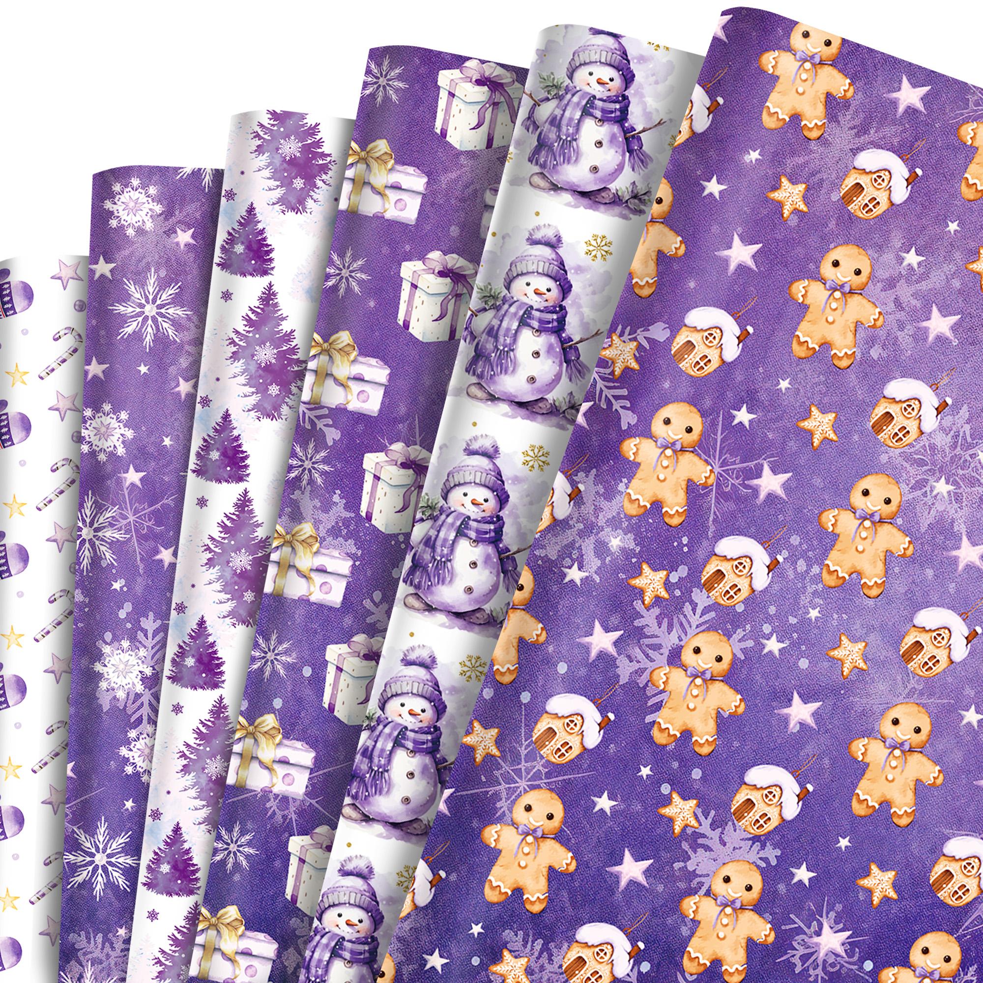 

12 Sheets Christmas Wrapping Paper Purple Snowflake Snowman Paper Craft Paper Holiday Gift Packaging Wrap Party Decoration фіолетовий