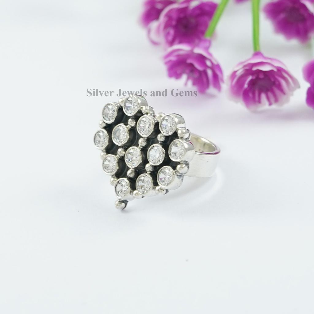 Cubic Zirconia Heart Ring, 925 Sterling Silver Cluster Ring
