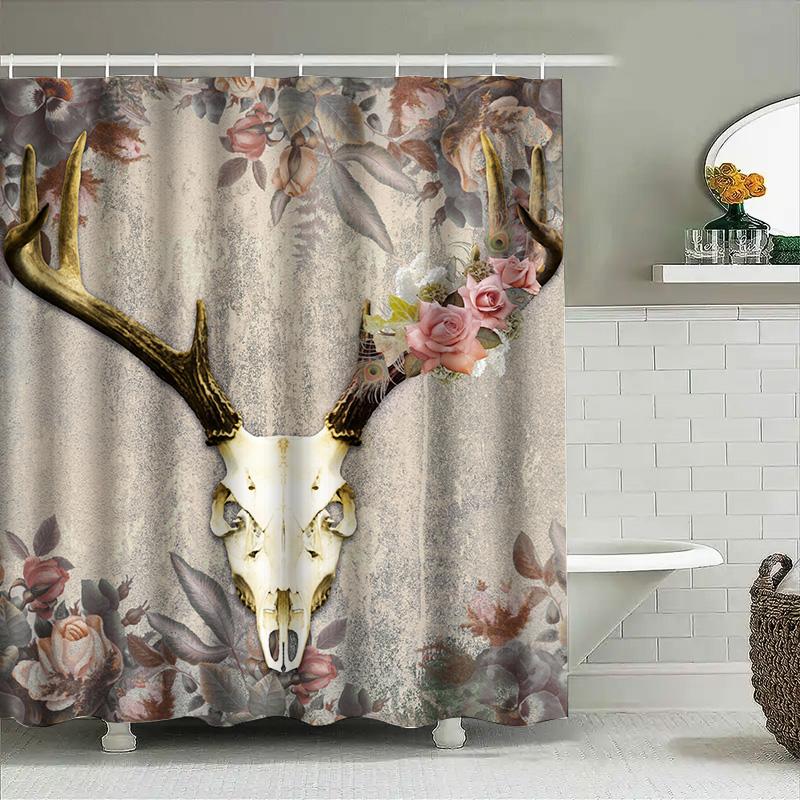 Vintage-inspired deer skull shower curtain with floral pattern perfect for rustic bathroom decor