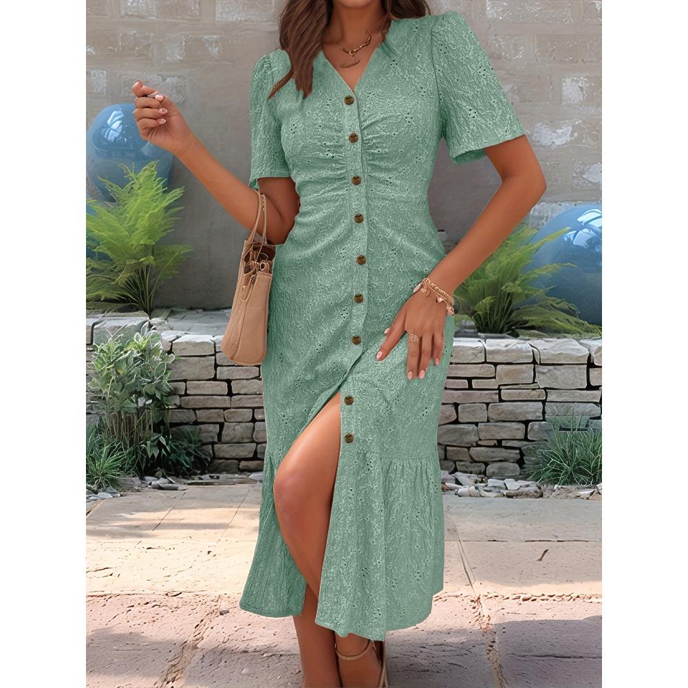 Women's Eyelet Embroidery V Neck Maxi Dress Short Sleeve Ruched Button Front Mermaid Hem Casual Dress