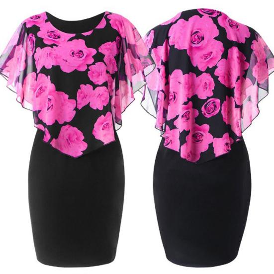 Plus Size Elegant Office Lady Rose Flower Print Cape Bodycon Knee Length Dress