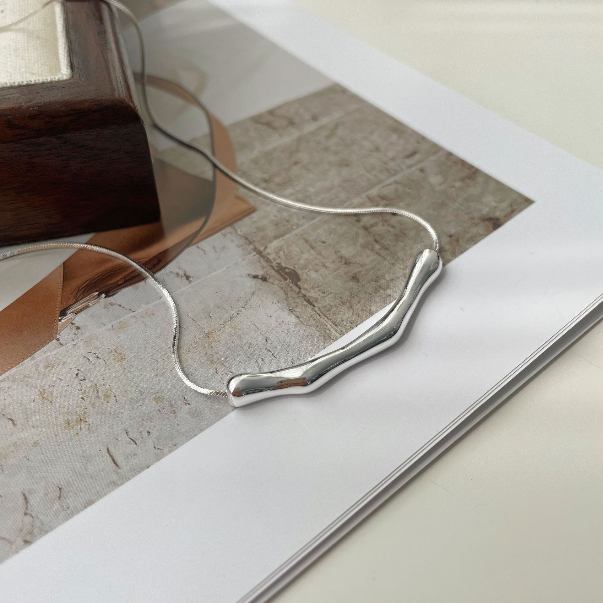 Korean version niche S925 sterling silver snake bone chain female simple irregular metal one-word pendant necklace 925 sterling silver