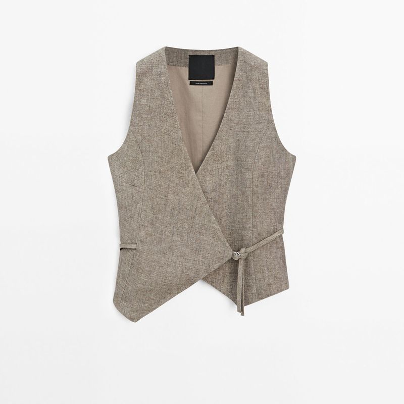 

MD Women clothes Summer New Young V-neck Commuter Wind High Intelligence Linen Lace-up Cross Sleeveless Suit Vest Light brown S