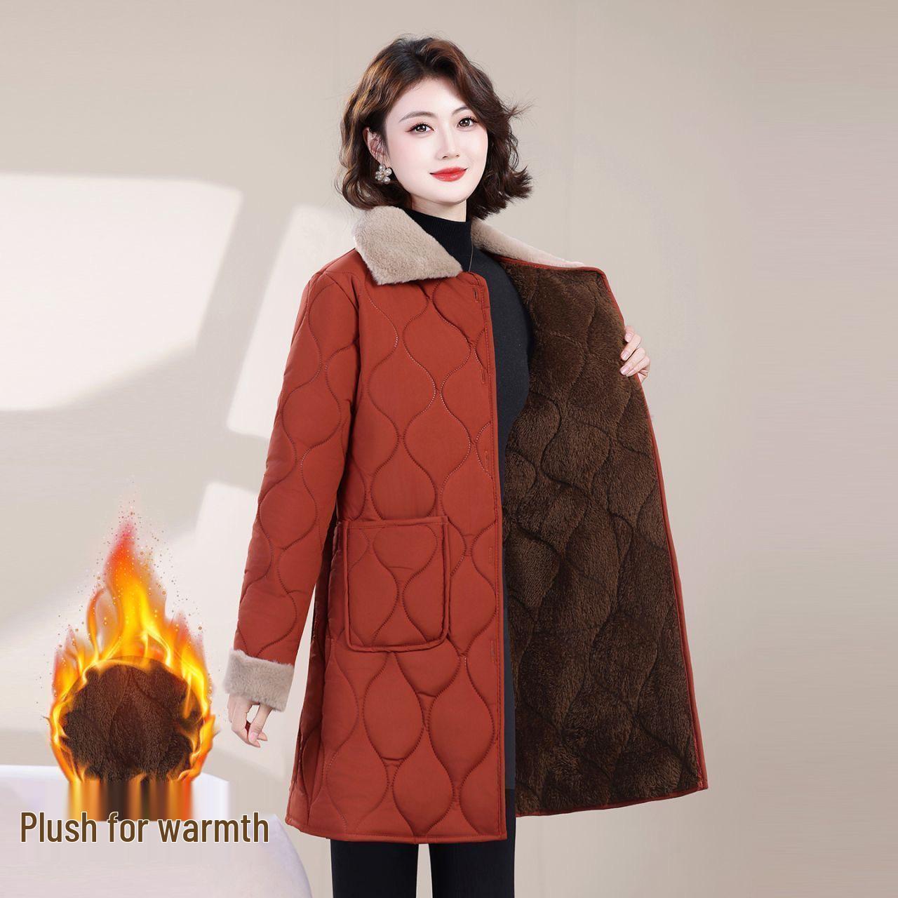 

Stylish Mid-Length Winter Cotton Coat for Middle-Aged and Elderly Women with Plush Lining 5XL оранжевый/красный