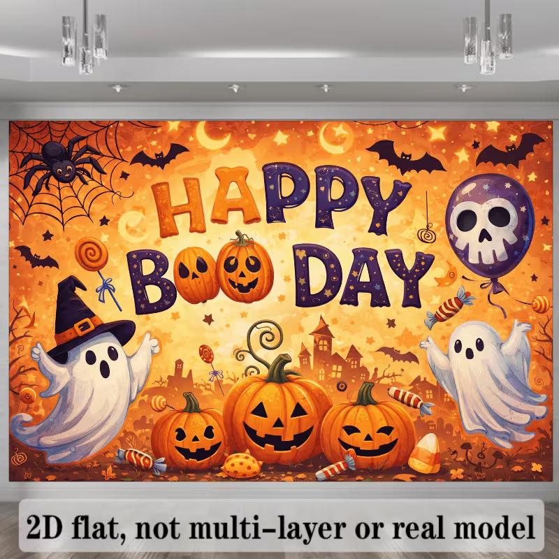 2D Spooky Halloween Boo Day Backdrop with Spider, Bats & Candy