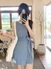 Robe sans manches à carreaux bleus style coréen avec ceinture nœud papillon - Jupe d'été amincissante pour femme