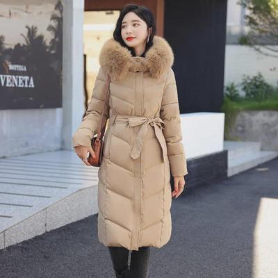Manteau pour femme en coton duvet double face longueur genou avec capuche à grand col en fourrure - Nouvelle mode hiver.