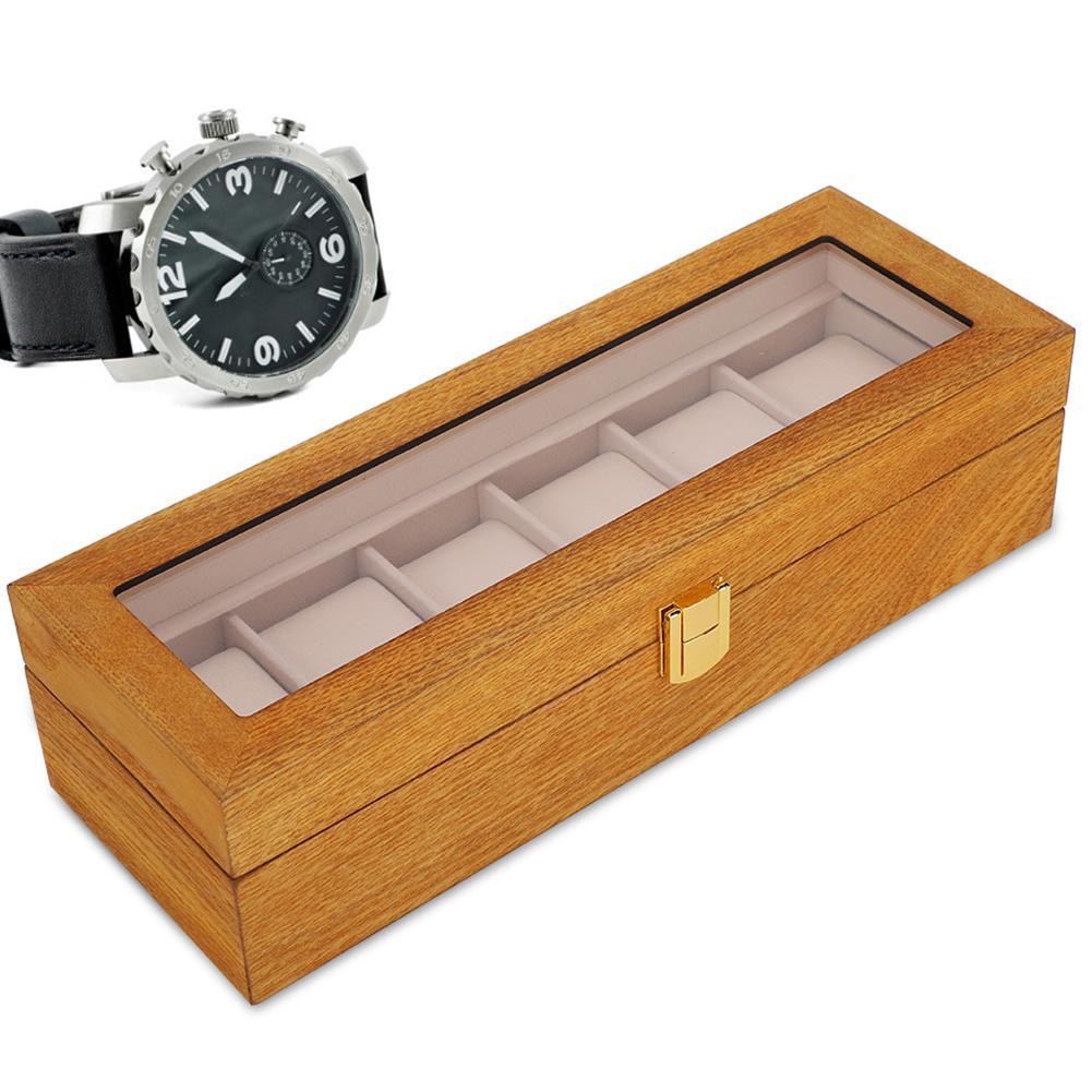 Wooden 6 Grid Watch Display Box Transparent Window Watch Storage Box Case