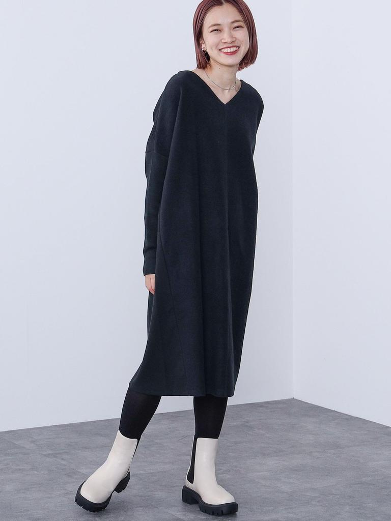 Beams Heart Women's Knit Dress with Mixed Material Cut, Black, One Size