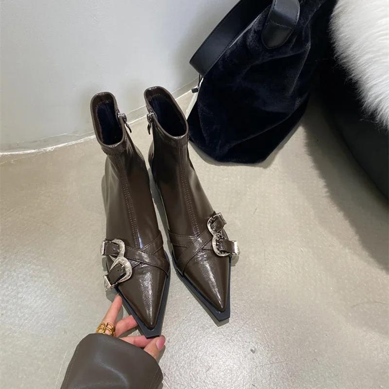 Fashion Designer Pointed Toe Women Ankle Boots Fashion Thick Heel Slimming Short Booties Autumn Winter Female Shoes