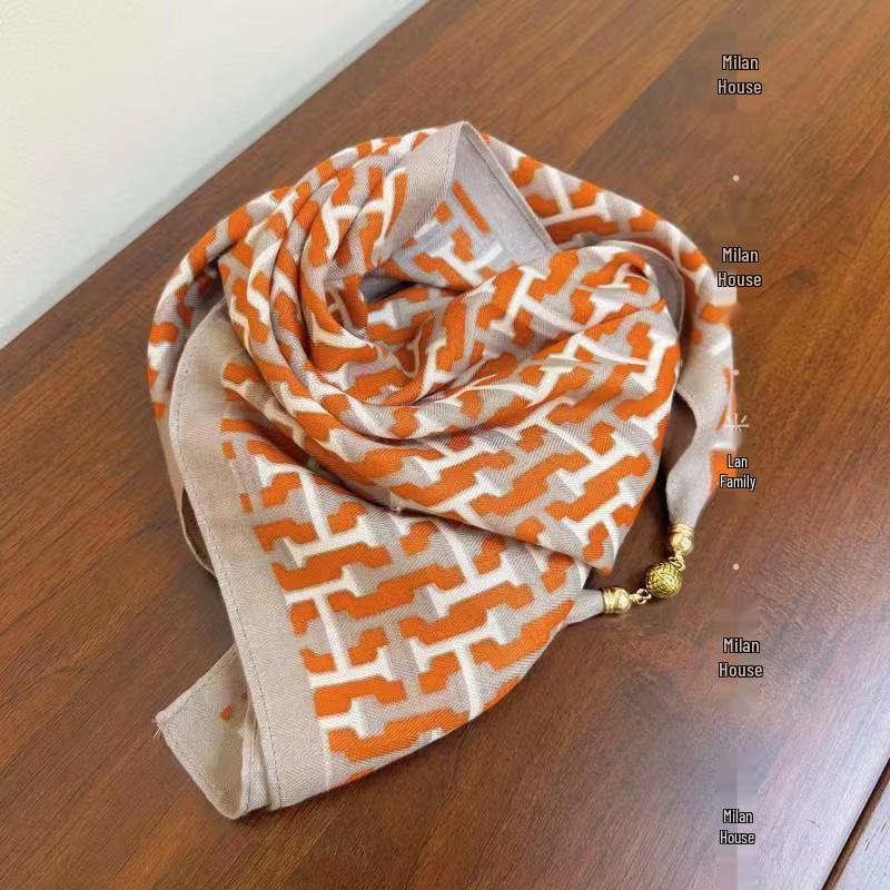 Chic Autumn/Winter Silk Scarf with Magnetic Golden Ball Clasp – Korean Style Neck Warmer