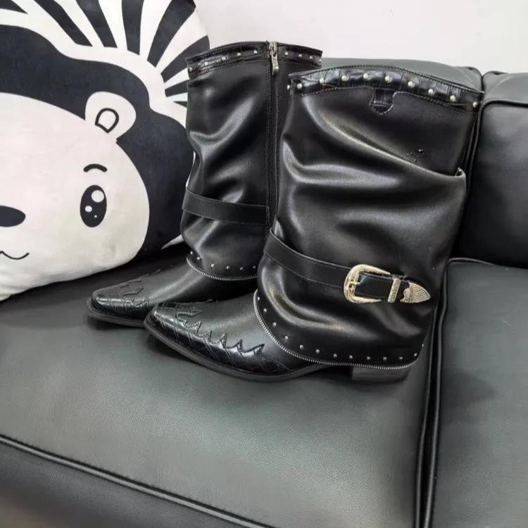 2026 New Gothic Cowgirls Western Boots For Women Pointed Toe Rivet Buckles Chunky Heels Vintage Women Mid-Calf Boots
