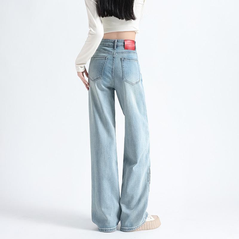 New Chinese Style Embroidered Denim Wide-leg Pants for Women In Spring and Autumn New High-waist Loose Straight-leg Mopping Pants