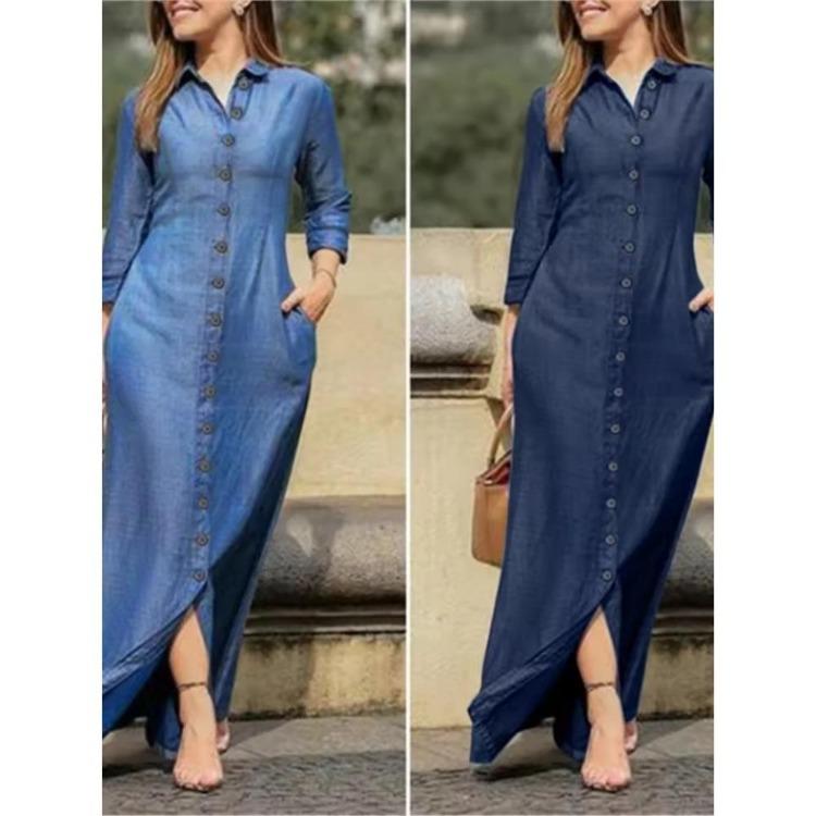 Abito Camicia Denim Casual da Donna Manica Lunga Abbottonato Colletto con Patta Taschino Gonna Lunga Confortevole Nuova Moda Autunno