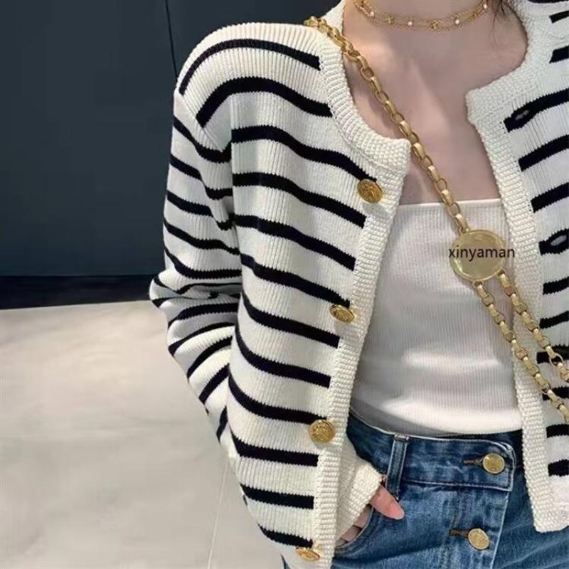 Striped Round Neck Knitted Cardigan for Women Autumn Loose Outerwear Women Short Sweater Coat Winter Elegant Slim Fit Vintage Cardigans Jackets 24916