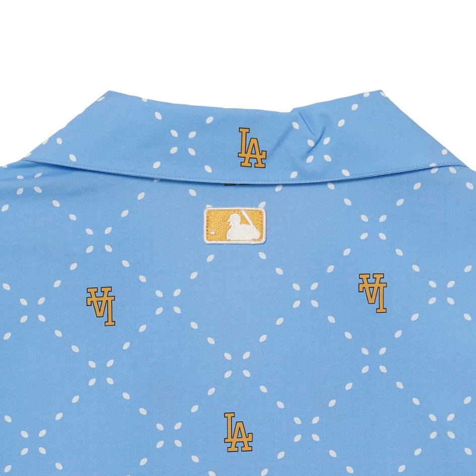 MLB Los Angeles Dodgers Common Mega Diamond Monogram Letter Pattern Printed Button-Up Short Sleeve Shirt Women Shirts Blue 3AWSM0533-07SBS