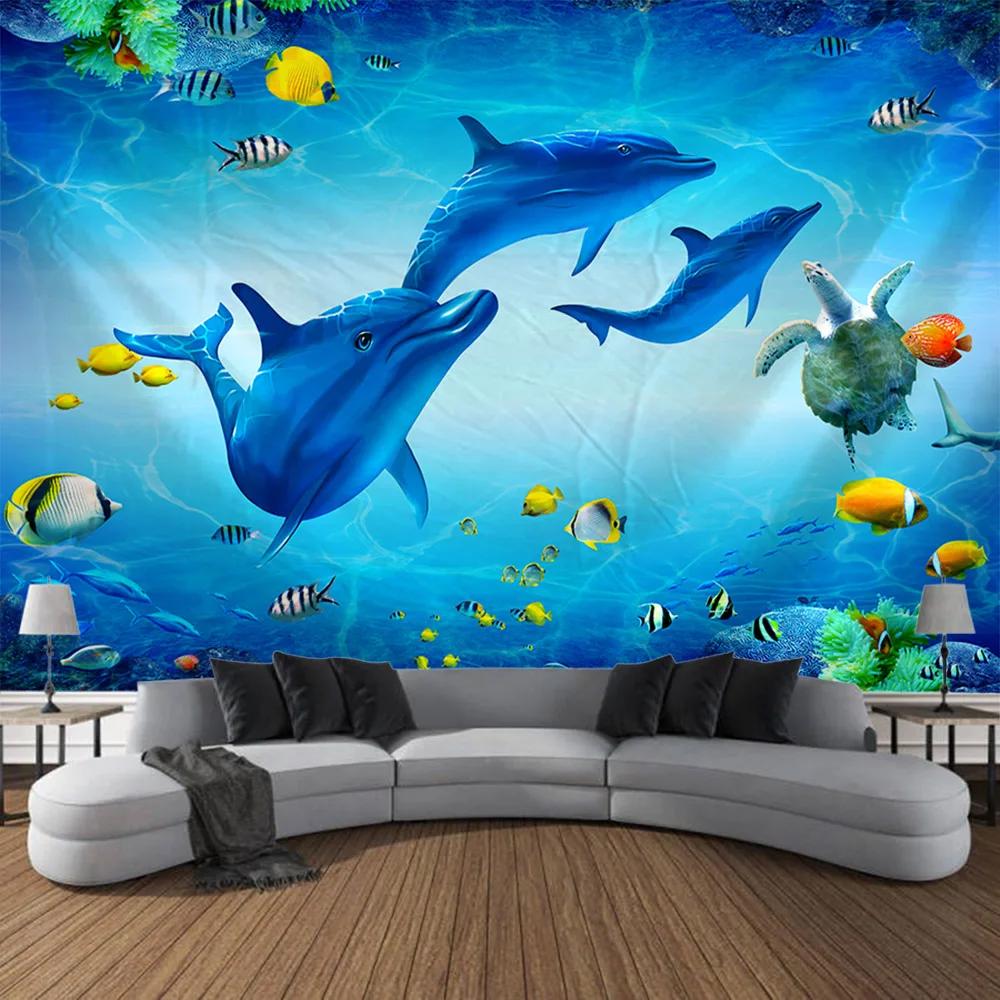 Unterwasserwelt Wandteppich Wandbehang Delfin Hai Seetang Heimkunst Dekoration Hintergrund Schlafzimmerwand Cartoon Dekoration