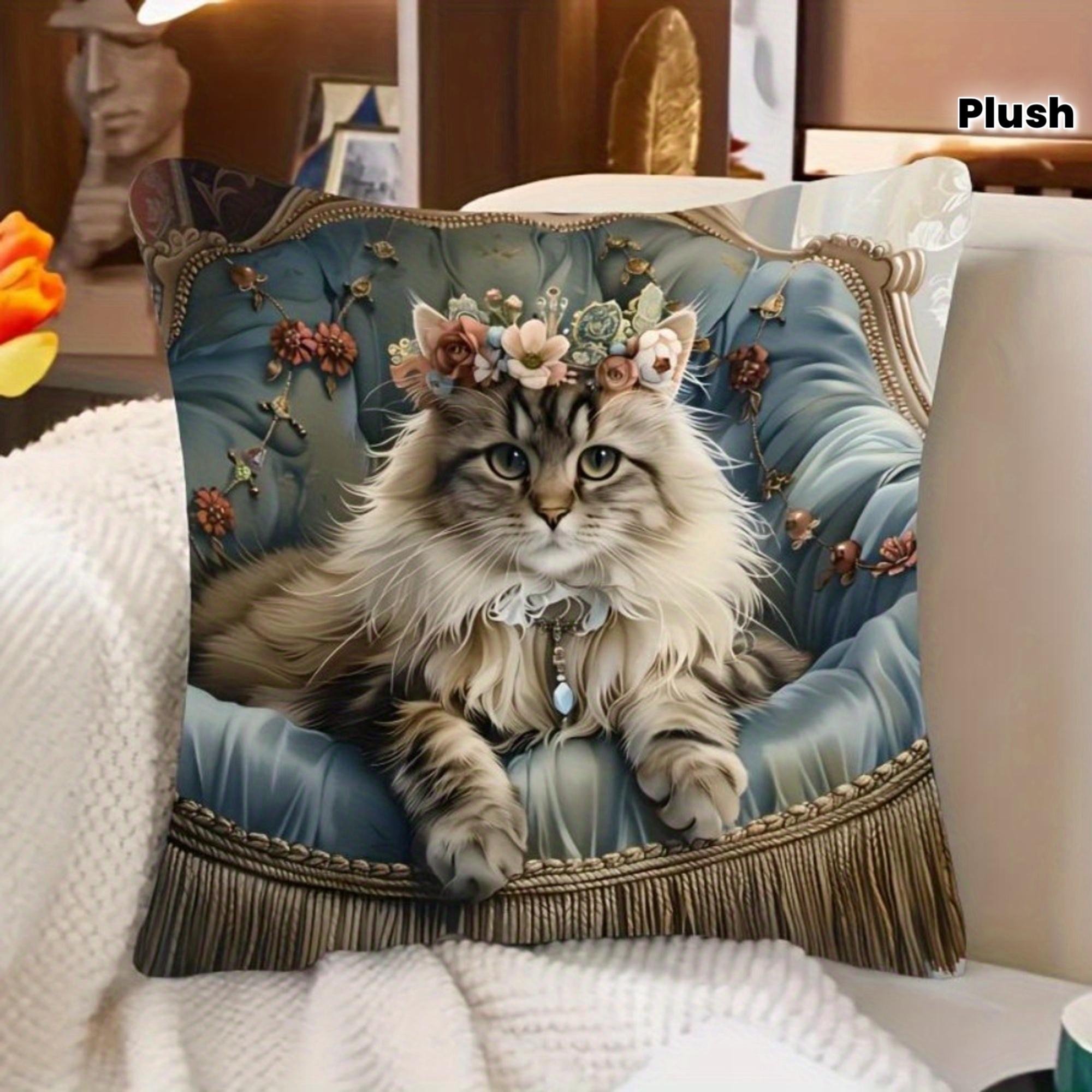 Panika Chen Unisex 1Pc Baroque Style Royal Cat Pillow Cover, Polyester 2D Double-Sided Print, Regal Floral Cat With Necklace, Elegant Vintage Home