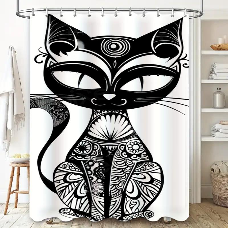 Black Cat Shower Curtain Artistic Black White Zentangle Bathroom Decor Unique Print Waterproof Shower Fabric