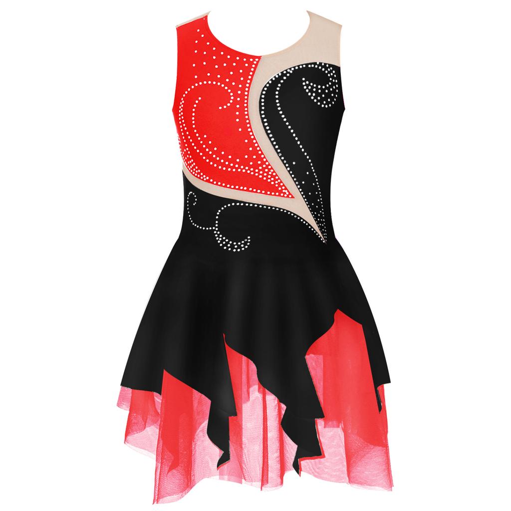thumbnail image 2 of Ice Skating Dress Red Black Stitching Performance Wear Teens Long Sleeves Figure Skating Dress For Competition 2 of 13