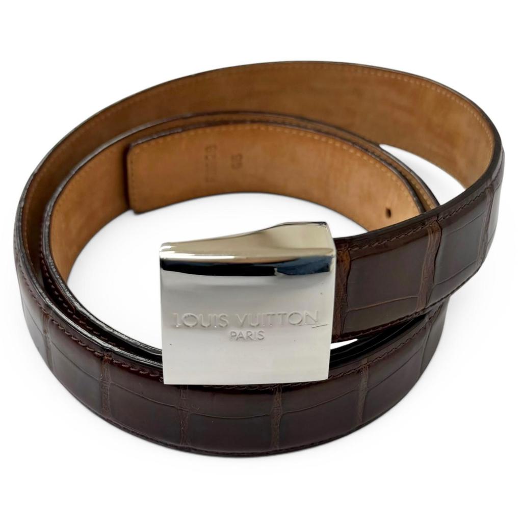 Great LOUIS VUITTON belt Ceinture Silver Logo Buckle Brown alligator mens Used