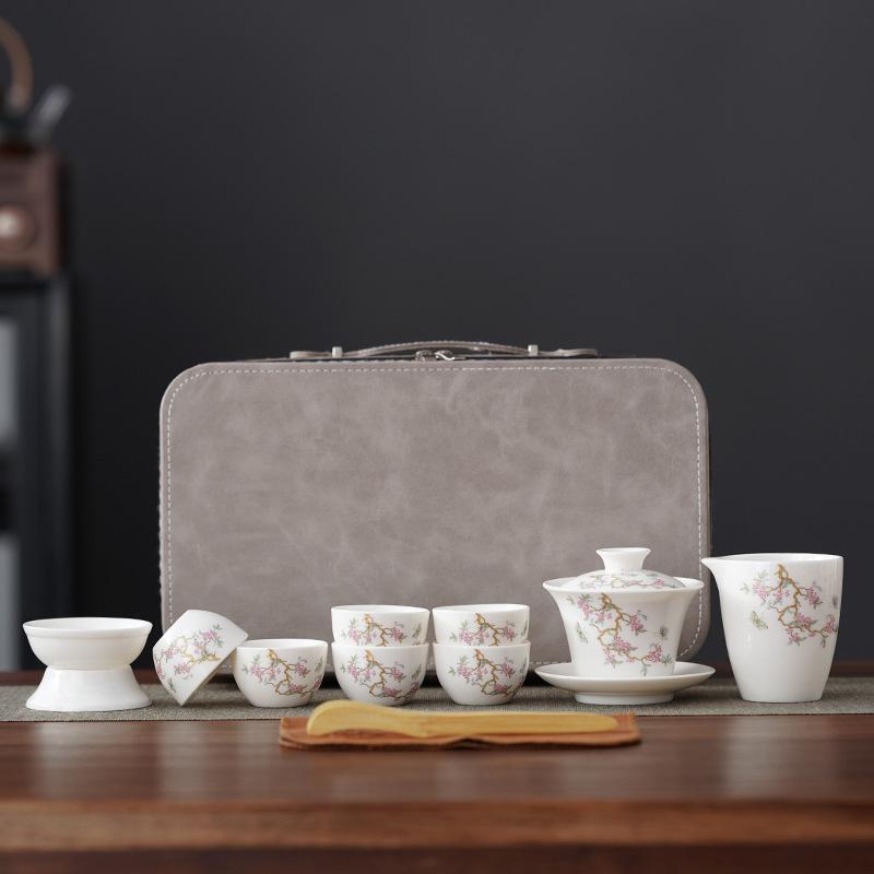 Premium Dehua Weißporzellan Teekanne für die Zubereitung Haushalts Gaiwan Kung Fu Teegeschirr Gäste empfangen Tee zubereiten Einfache Ledertasche Geschenkset