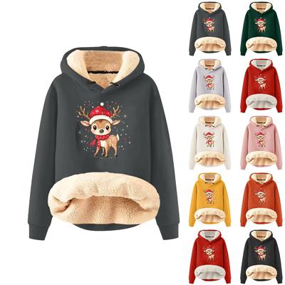 Damenmode, Kapuzenpullover, gepolstert, verdickt, warm, weihnachtlich bedruckt, lockerer Pullover