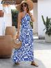 Blue and White Porcelain Floral V-Neck Kimono Robe Dress for Holiday Beach Maxi Dress Women