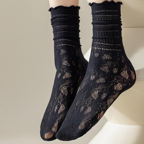1 Pair Women Socks Hollow Lace Solid Color Mid-tube Thin Anti-slip High Elasticity Sweat-absorption Anti-shrink Daily Piled Socks