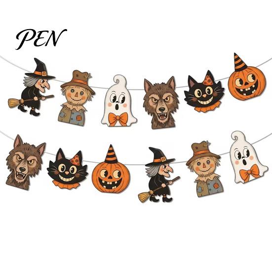 Holiday Fireplace Ornaments 12Pcs Vintage Halloween Decor Wood Banner, Retro Hanging Banner Garland, Bunting Easy Assemble Decorations, Spooky Pumpkin