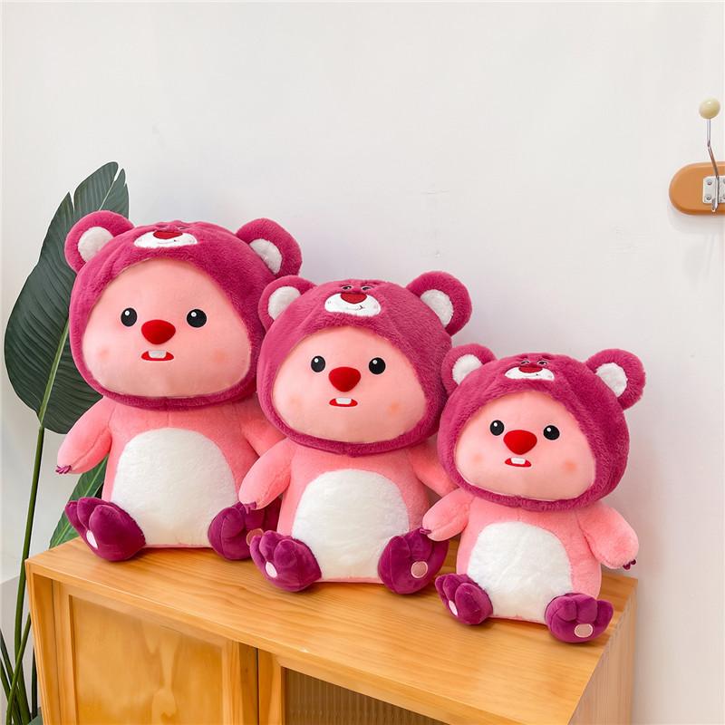 Cartoon Strawberry Bear Beaver Ruby Action Figure Into Strawberry Bear Loppy Doll Internet Celebrity Plush Toy Throw Pillow Girl