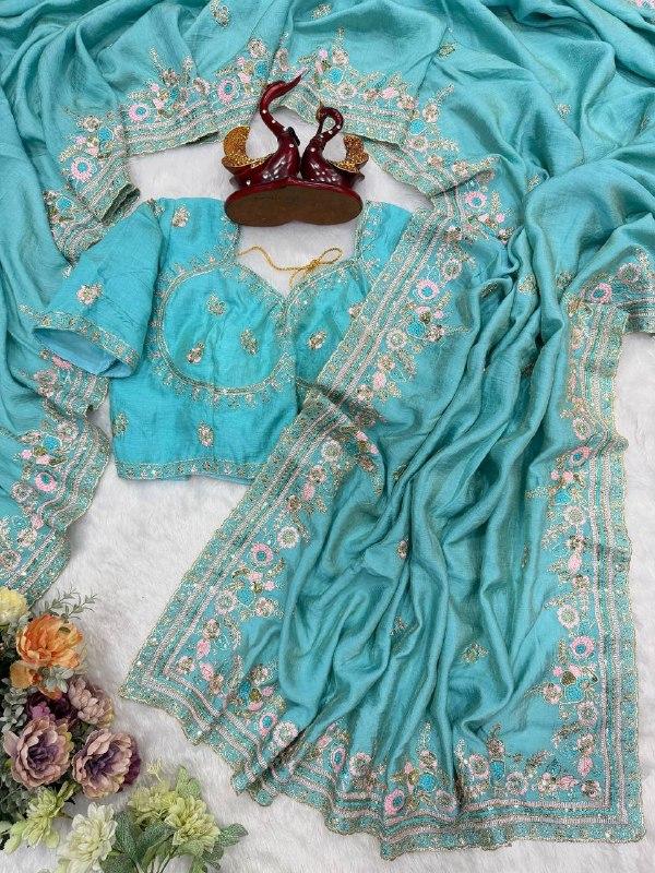 Firozi Vichitra Silk Saree with Delicate Multicolor Thread Work & Sequins UNSTITCHED