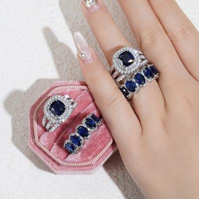 2 Pezzi Set di Anelli alla Moda di Lusso per Donne Anelli con Zirconia Cubica Blu Scuro Rosa Splendidi Accessori da Matrimonio Gioielli Eternità