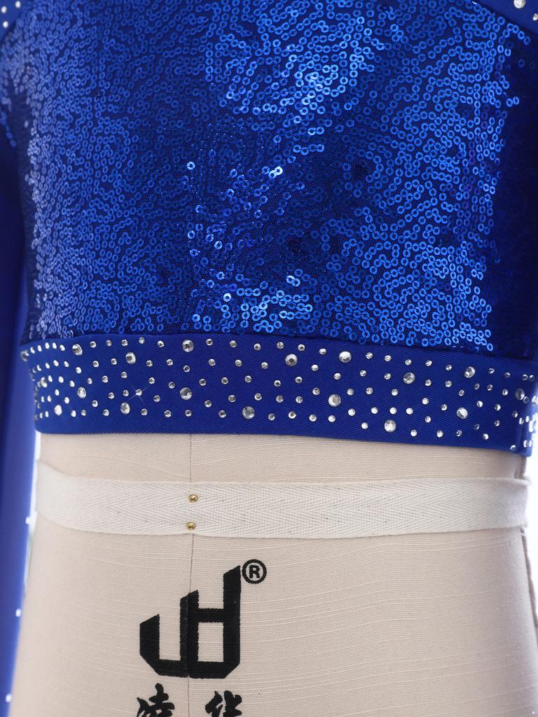 Girls Shiny Sequins Crop Top Long Sleeve Back Neck Press Buttons Closure Dance Shirt