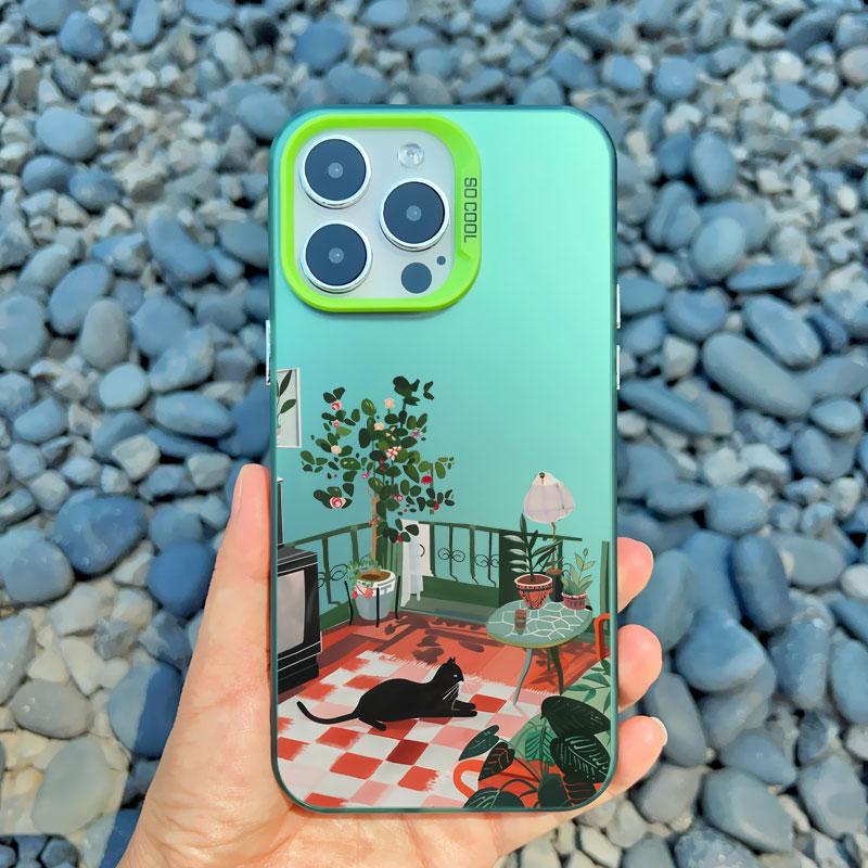 

Fresh Green Leaf Painted Phone Case For iPhone 11 12 13 14 15 16 Pro Max Mini Cartoon Home Furnishing Illustration Laser Shells iphone 13Mini