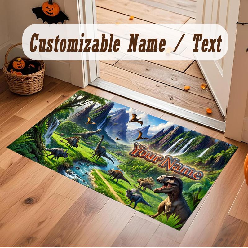 Dinosaur Theme Soft Crystal Velvet Rug Custom Name & Text Print Non Slip Floor Rug for Bedroom Living Room