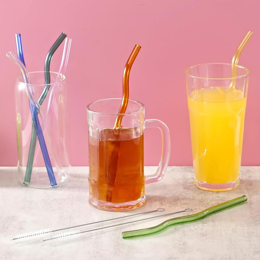 7Pcs Reble Colorful Wavy Glass Straws - 8.5"x8mm Shatter Resistant Glass Straw with 2 Clening Brushes, Suitable for Ice/Hot