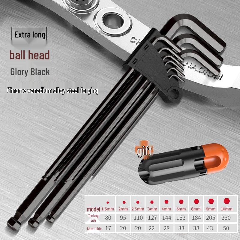 9-Piece Black Ball Head Hex Key Set - Strong Torque Hexagonal Wrench for 6-Sided Screws.